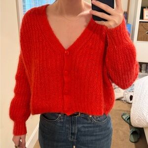 Vibrant La Maille Sezane Red Button-Up Cardigan